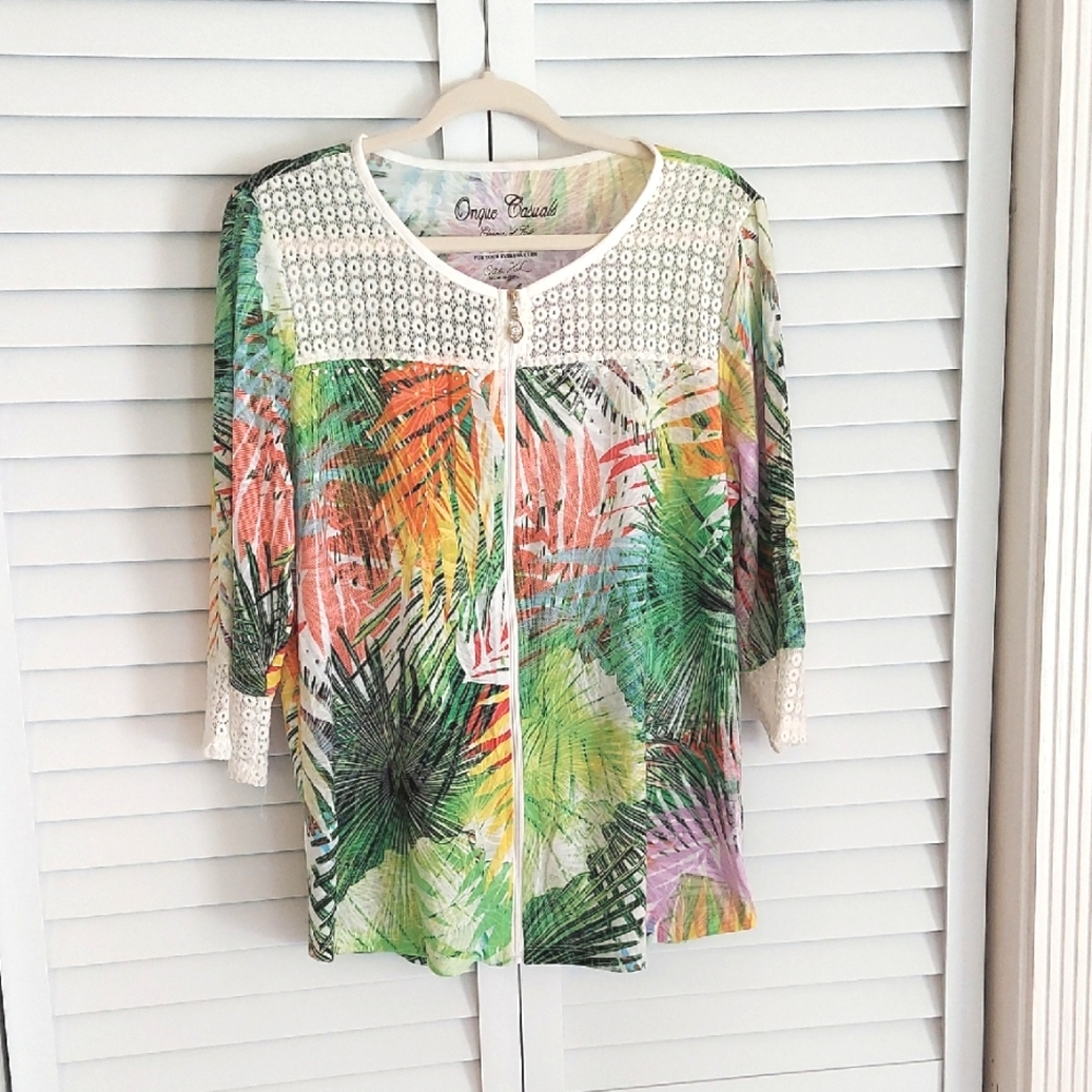 Onque Jacket, Size XL, Colorful Palm Print,‎ Lace, Rhinestone Sparkle, Front Zip